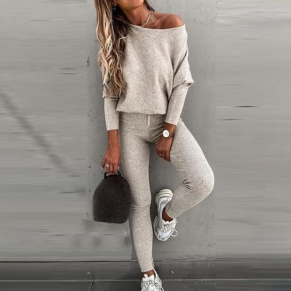 

women's tracksuits nibesser solid color two piece sets women winter off shoulder long sleeve pullovers casual lace up sweatshirt s, Gray