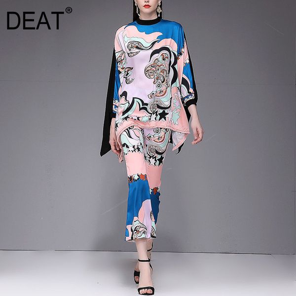 

[deat] silk high end stand collar loose over size batwing elastic fit pants totem print elegant autumn fashion tide am057 201119, White