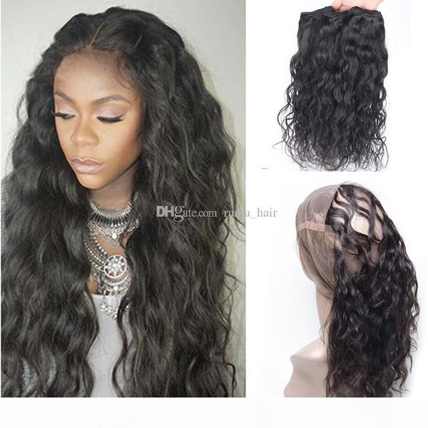 

wet and wavy weaves with 360 lace frontal closure with bundles peruvian virgin human hair water wave with pre plucked 360 frontal, Black;brown