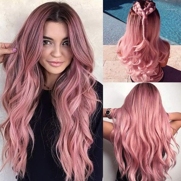 Party Masken Trendy Synthetische Lange Wellenförmige Dunkle Wurzel Ombre Rosa Cosplay Perücken Für Schwarz Weiß Frauen Bunte Faser Haar hohe Temperatur1