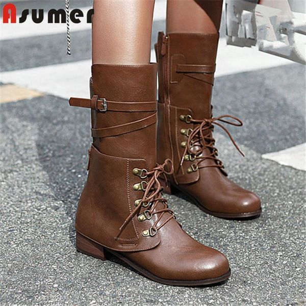 

asumer 2020 big size 43 ankle boots women pu round toe lace up autumn winter low heels casual shoes woman western boots1, Black