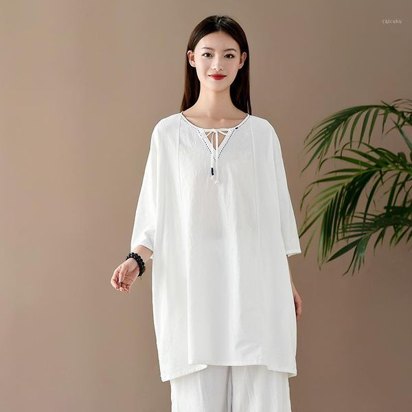

national style cotton linen pullover shirt women summer thin v-neck long design retro chinese tshirt camisa1, White