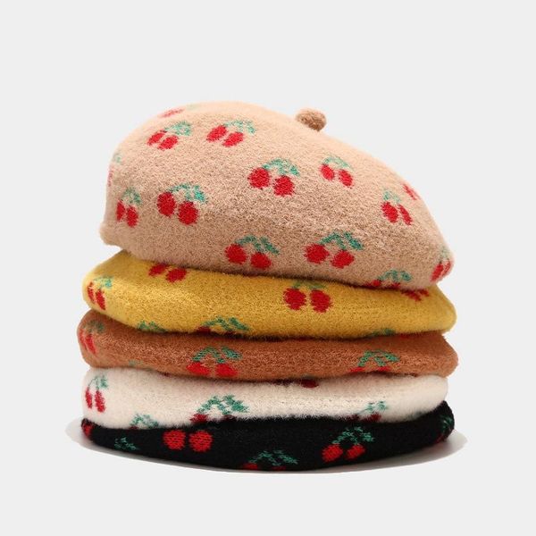 

women autumn cute cherry fruit print faux wool beret cap vintage british style winter adjustable newsboy painter pumpkin beanies, Blue;gray