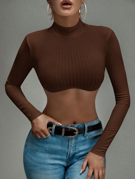 

mock neck rib-knit crop k07u#, White