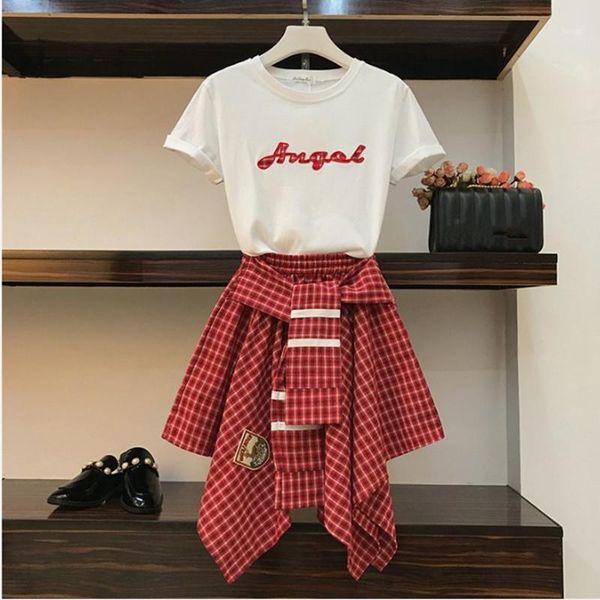 

2019 new summer two piece set women's cotton letter appliques t shirt and elastic waist irregular cross strap plaid skirt sets1, White