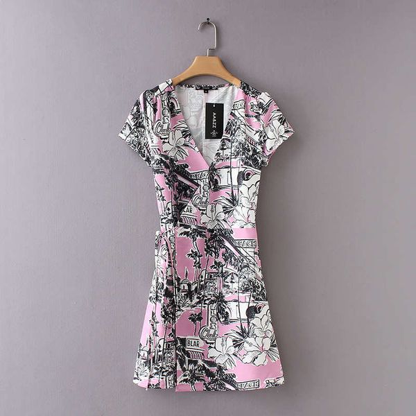 

wind spring summer new short sleeve v-neck print cross dress women's waistband lace up skirt, Black;gray