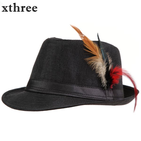 

xthree trendy side with feathers fedora trilby gangster cap for women summer beach sun straw panama hat men fashion hats q1216, Blue;gray