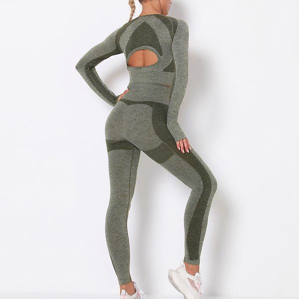 

women seamless yoga set gym clothing fitness leggings+cropped shirts sport suit women long sleeve tracksuit wear c0123, Gray