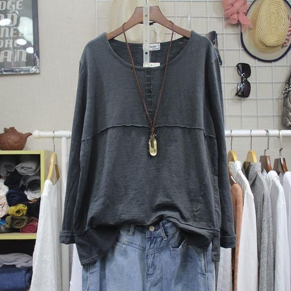 

женщины хлопчатобумажная футболка 2020 весна лето базовый o шеи кнопка новые свободные тонкие длинные рукава сплошной цвет мода женщин топ, White