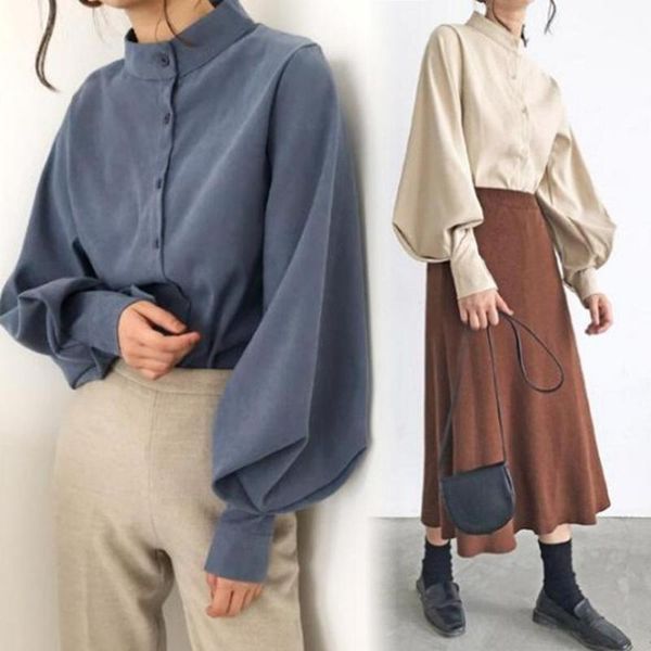 

big lantern sleeve blouse women autumn winter single breasted stand collar shirts office work blouse solid vintage shirts, White