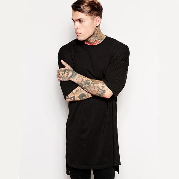 

men's t-shirts fashion streetwear mens hip hop t shirts cotton extended tee extra long tshirt for men with side splits, White;black