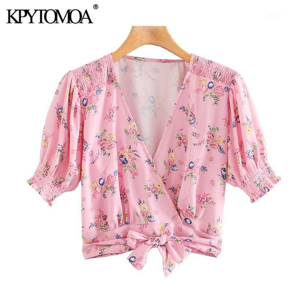 

kpytomoa women 2020 fashion floral print bow tied cropped blouses vintage v neck short sleeve female shirts blusas chic 1, White