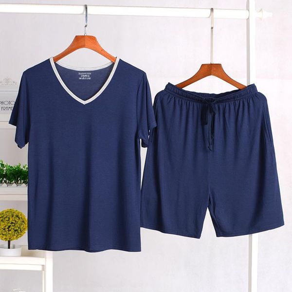 

summer men's thin casual modal pajamas short sleeve knee length short loose homewear clothing set outwear-able large size l-5xl1, Black;brown