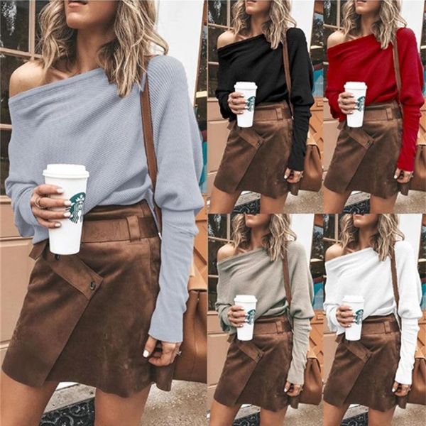 

sweater women sweaters solid color off shoulder long sleeve sweater loose knitted pullover jumpers female streetwear jumper1, White;black