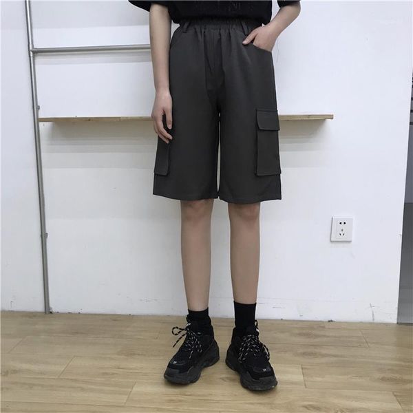 

summer knee-length elastic high waist loose straight wide leg korean women wide half pant short cargo jogger hip hop pocket 20201, Black;white