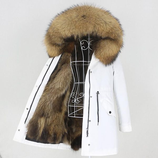 

2020 long parka waterproof fabric real fur coat winter jacket women natural raccoon fur collar hood removable thick warm new1, Black
