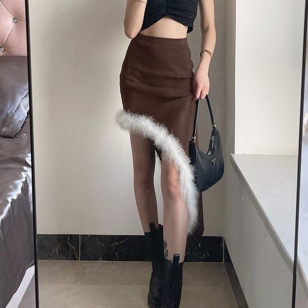 

vintage brown fur patchwork irregular hem high-waisted y2k skirts women lady trendy 2021winter harajuku pencil mini skirts saias, Black
