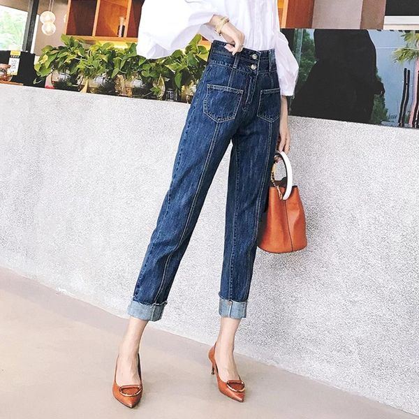 

blue streetwear waist high ankle-length jeans with female pocket thin korean style denim straight pants curling foot