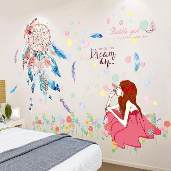 

[shijuekongjian] dreamcatcher feathers wall stickers diy cartoon girl wall decals for kids rooms baby bedroom home decoration1