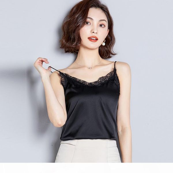 

wholesale summer silk tank 2019 women crop v neck basic casual womens vest lace camisole plus size shirt blusas, White