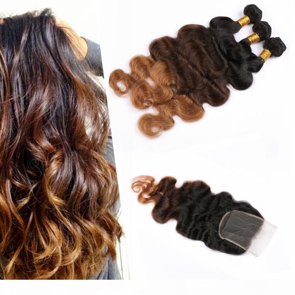 

brazilian ombre bundles with closure human hair body wave closure 4" * 4" ombre #1b #4 #27 body wave virgin hair bundles, Black;brown
