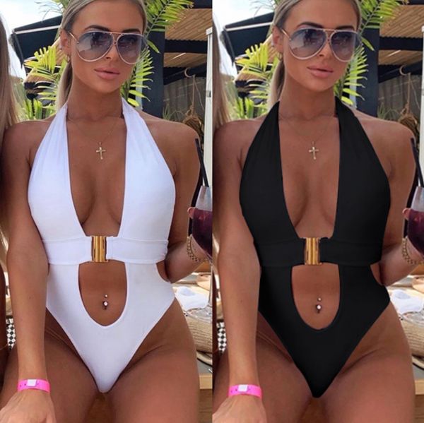 

2021 one piece swimsuit women v neck bikini pure colour clasp bathing suit women halter swimsuit women monokini, White;black