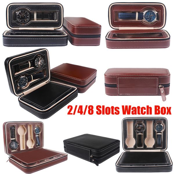 

2/4/8 grids pu leather showing watches display storage box tray zipper travel jewelry watch collector case d30 q1201