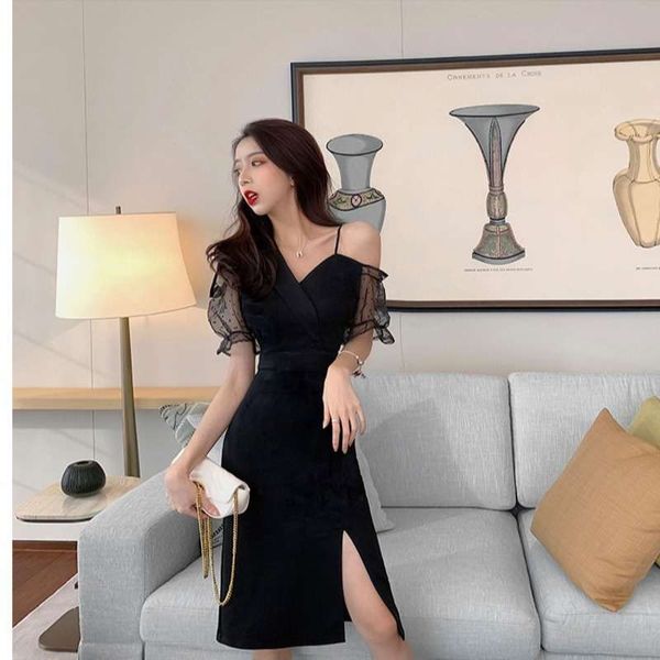 

2020 light mature style high waist split stitching mesh short sleeve mid long single shoulder dress suspender skirt h5432, Black;gray