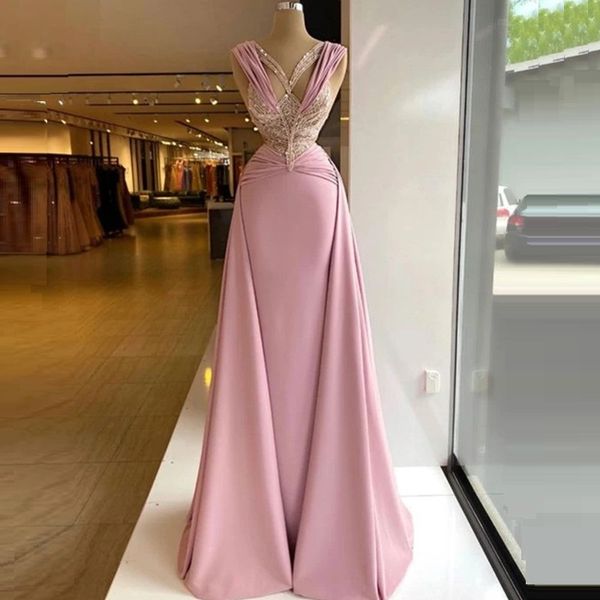 Arabo Aso EBI Lussuoso Cristalli di Beaded Abiti da ballo Dresses rosa Dress da sera Guaina Sirena Formale Formale Plus Size Gowns