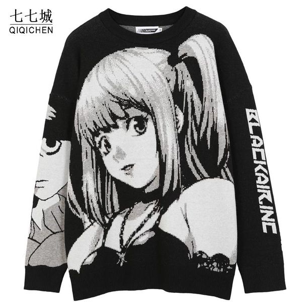 

men's sweaters qiqichen anime girl knitted sweater men hip hop streetwear vintage pullover women 2021 autumn japanese harajuku, White;black