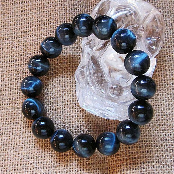 

beaded, strands 12mm blue bracelets natural tiger's eyes gem crystal bangle bracelet round beads stone women charm energy jewelry, Black