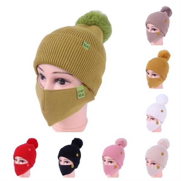 

women pom beanie with face mask button knit winter hat skull caps reusable knitted mask ski outdoor cycling casual slouchy head wear e111903, Yellow