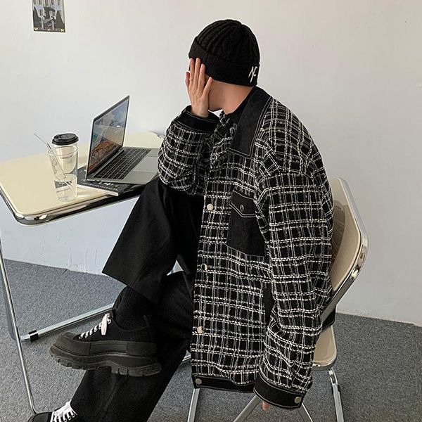 

men's jacket 2021 autumn new slim solid color plaid print embroidery jacket loose casual personality youth men's wear, Black;brown