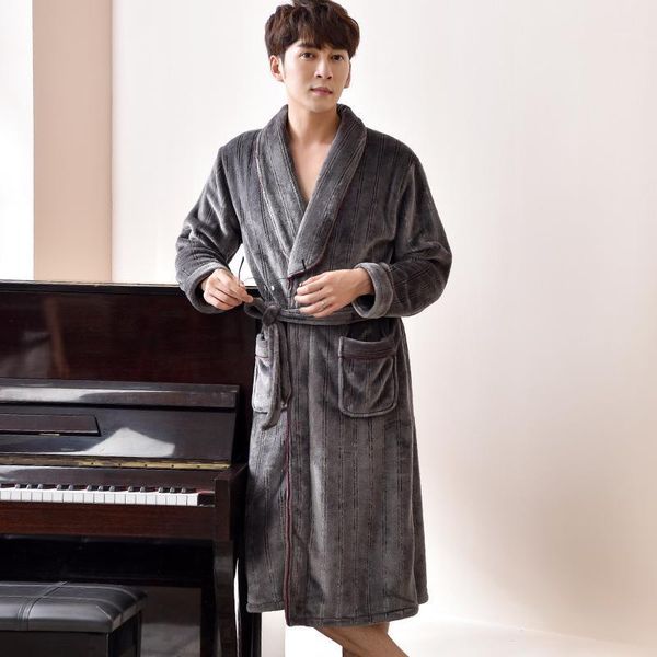 

winter flannel men striped sleepwear robe thicken terry robe male long sleeve kimono warm bathrobe home wear peignoir men1, Black;brown