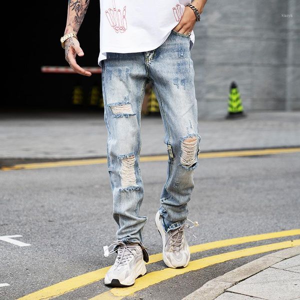 

streetwear denim pants men bieber men's clothing fashion hole knee irregular jeans pants casual dg881, Blue