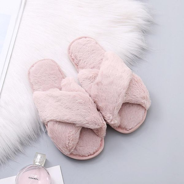 

women fluffy winter sandal cross plush open toe sandal soft flat shoes warm faux fur slipper home female shoes wj004 y1124, Black