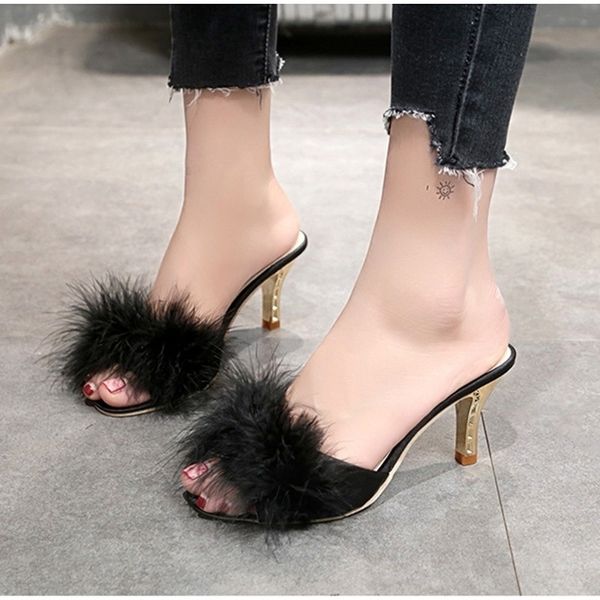 

summer women fur slippers woman thin high heels shoes ladies fashion feather women's peep toe mules pumps female slides y200624, Black