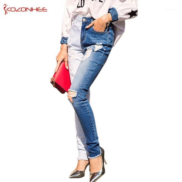 

double color bule stretch jeans women hole ripped high wais jeans elasticity skinny pencil women #12-21, Blue