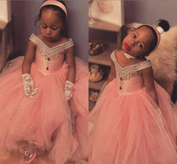 2021 Blush Pink Abiti Quinceanera Adolescenti Perline Strass Tulle Off The Shoulder Ball Gowns Toddlers Pageant Dress Comunione Party