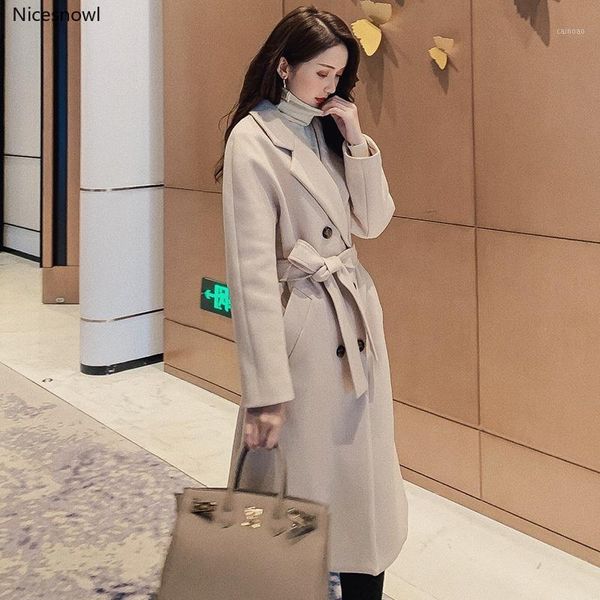 

autumn winter new women's casual wool blend trench coat double breasted long coat with belt1, Black