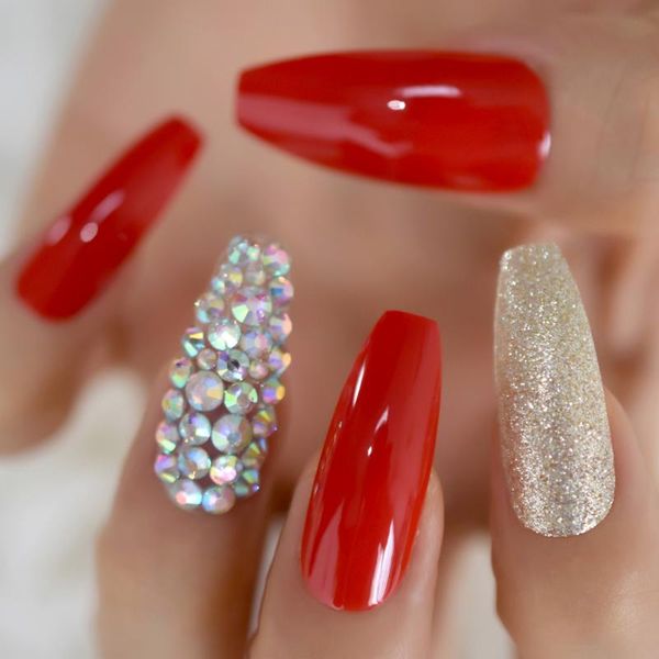 

false nails 28pcs gorgeous red press on ballet extra long ruby-red coffin ballerina uv cover fingersnails extention tool, Red;gold