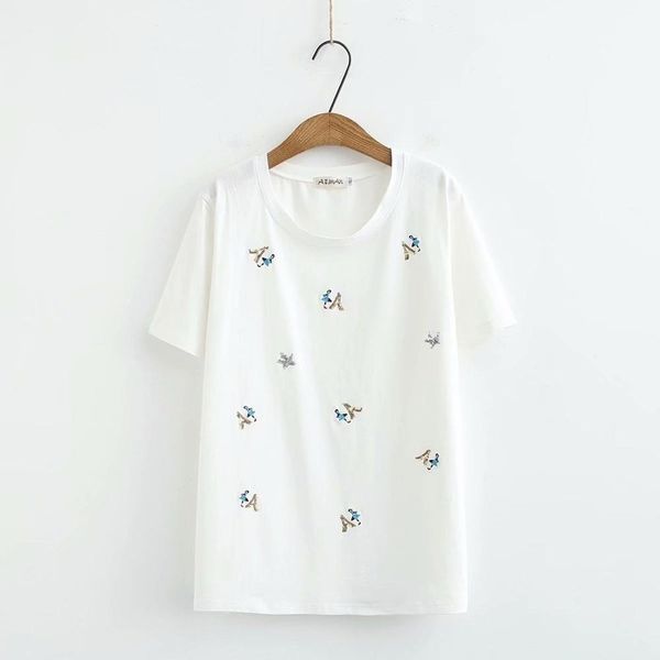 

solid black more length, neck sequins, embroidered women loose, tshirts 2020, new casual summer, ladies and women's soft shirts. 2lwn, White