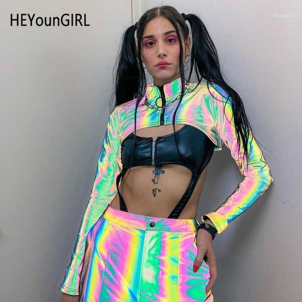 

new casual reflective super crop jacket harajuku hip hop ladies jackets zipper long sleeve overcoat autumn streetwear1, Black;brown