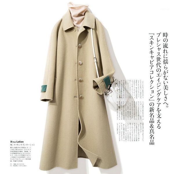 

2020 single breasted turn-down collar coat jacket england style sashes women long coat loose solid women's woolen jacket l941, Black