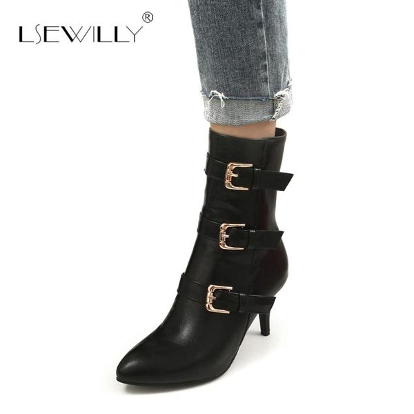 

boots lsewilly 2021 fashion buckle strap knight ridding ankle female black brown womens shoes thin high heels short e153