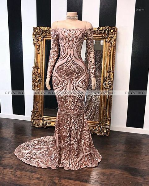 

elegant off shoulder mermaid rose gold prom dresses for black girls sequin long graduation dress african formal evening gowns1, White;black