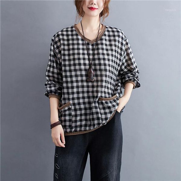 

spring women loose casual cotton and linen shirt plaid v-neck long sleeve women simple pullover blouse1, White