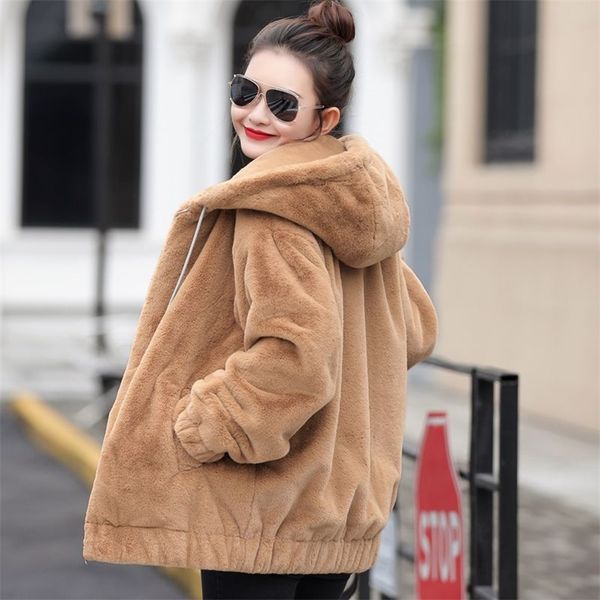 

autumn hoodie fluff women coat long sleeve pocket streetwear female jacket 201112, Black;brown