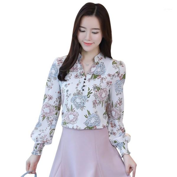 

sweet floral printed chiffon blouses women korean style long lantern sleeve stand collar shirts female spring autumn1, White