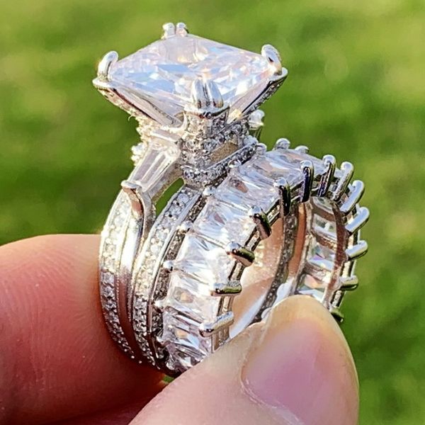 

6ст пара кольца роскошные ювелирные изделия стерлингового серебра 925 princess cut белый топаз эйфелева башня партия женщин свадебные кольца, Slivery;golden